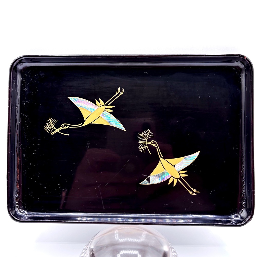 Zohiko Black‎ Lacquer Tray Gold Crane Japanese Mother of Pearl Inlay 6.75x4.5